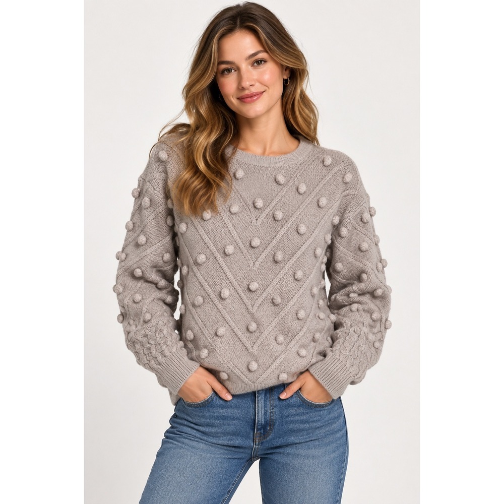 Entro Pom Pom Bobble Sweater Womens Small Gray Chevron Cable Knit